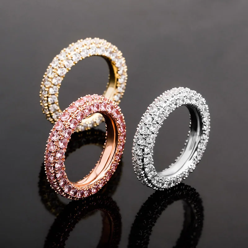 
Three Color Full Of CZ Diamond Real Gold Plated Hip Hop Rings Jewelry For Unisex 