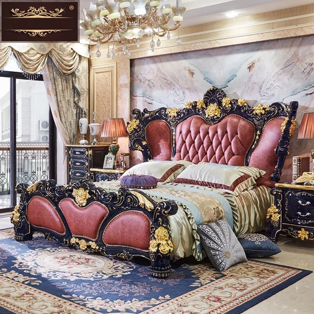 Customizable royal Luxurious French style genuine leather king size beds solid wood bed set wedding princess furniture bedroom