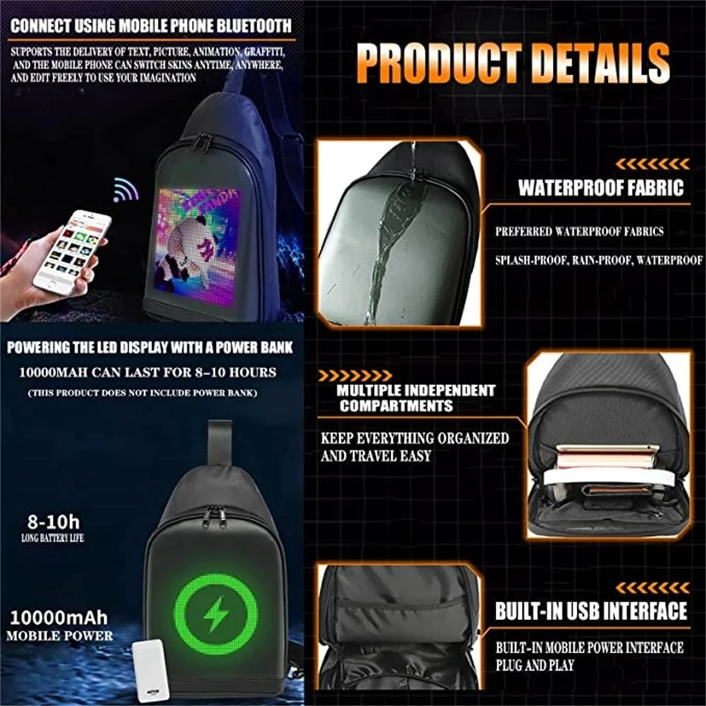 Waterproof Programmable Laptop Travel Smart Multimedia DIY LED Advertising Backpack with display for outdoor sports