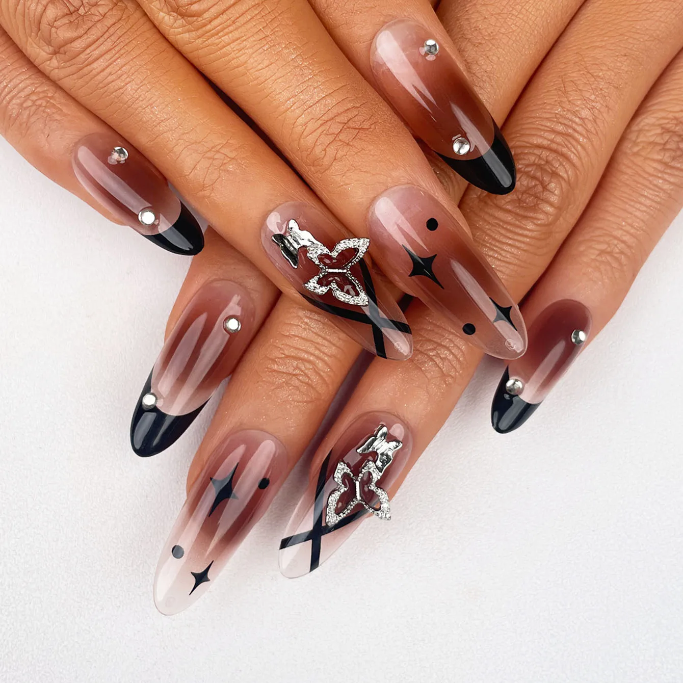 Faux Ongles Acrylic Luxury Handmade Press On Nails 10 Pieces French Tip Long Almond Coffee Artificial Fingernails Fake Nails Art