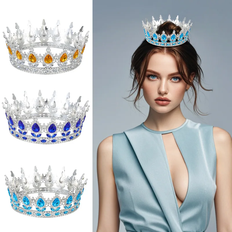 Wholesale  New Trendy Aulic Luxury Gold Diamond Wedding Crown Bridal Colorful Full Round Tiaras Wed Tiaras Crown