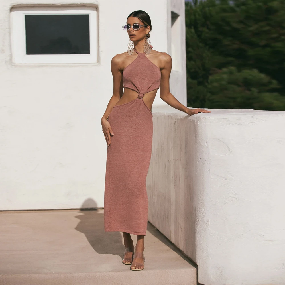 Night Look Knitted Halter Neck Tie Trendy Outfits Sexy Cut Out Summer Beach Wearing Women Loose Casual Long Dress