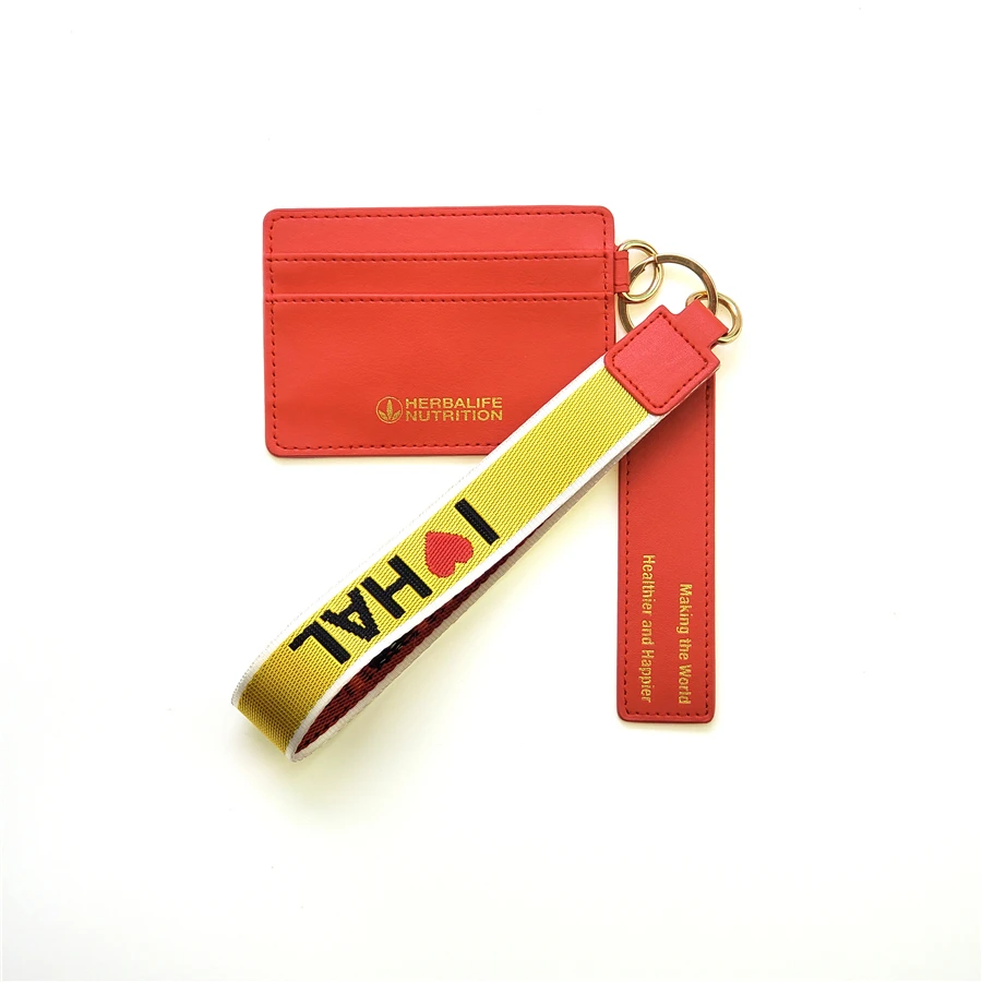Custom logo PU leather credit/name card holder with wrist strap