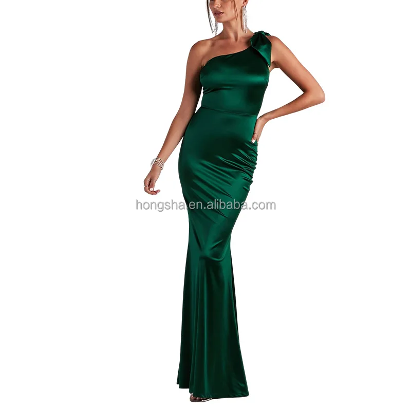 One Shoulder Bow Detail Wedding Guest Gown Dress Pakistani Green Colour Gown Dress Womens Evening Dresses For Wedding Guest