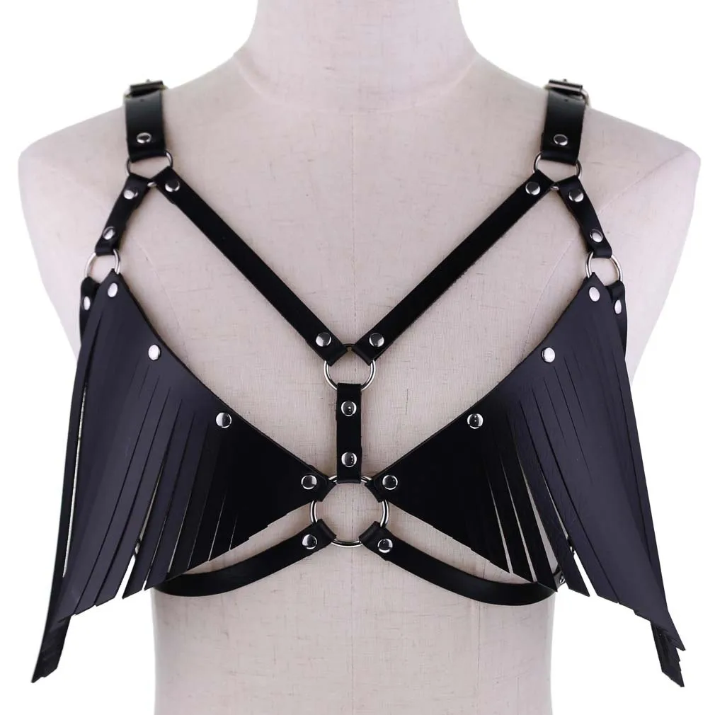 Women Sexy Chest Harness With Tassels Body Strap Bra Cage Leather Punk Fetish Wear Bondage Adjustable Bdsm Bra Harness
