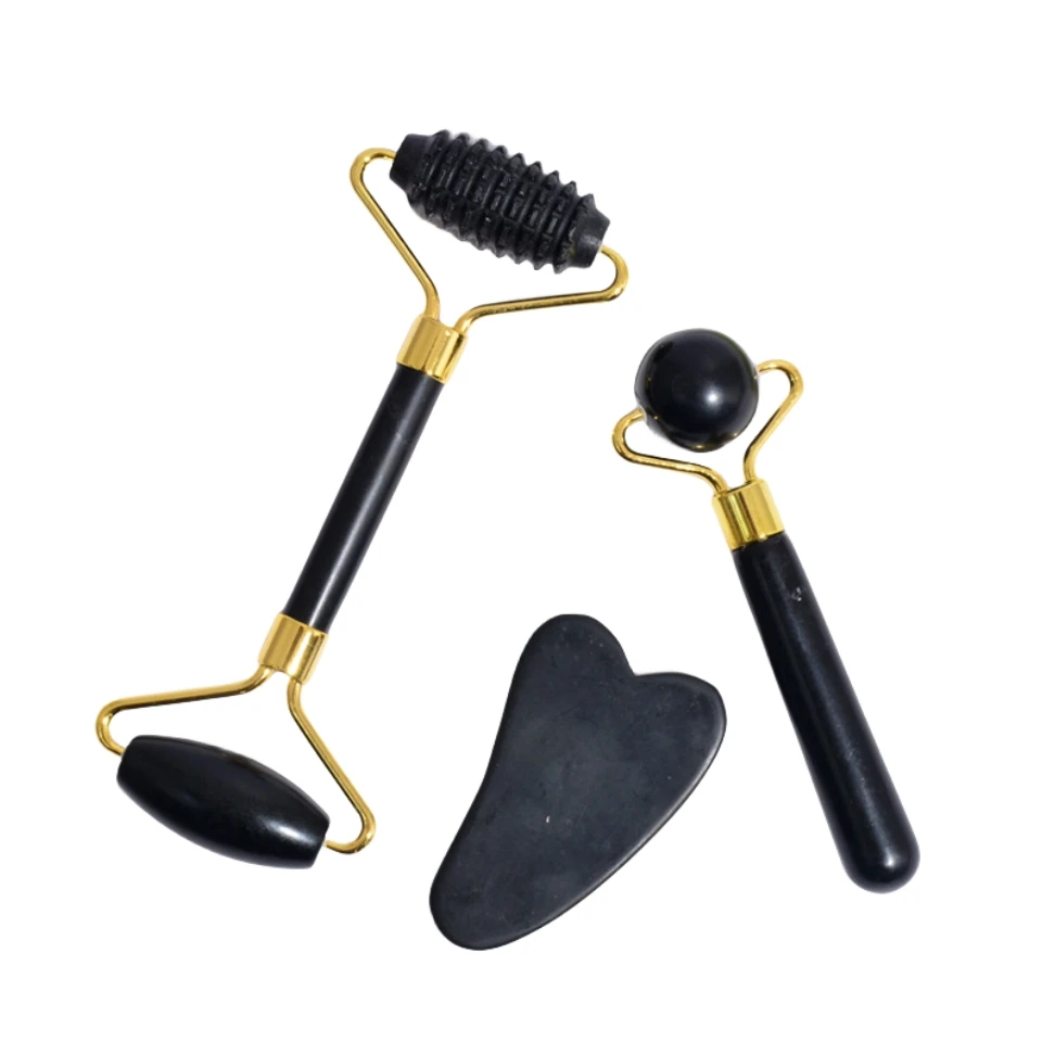 wholesale OEM brand black bian stone roller gua sha massage set