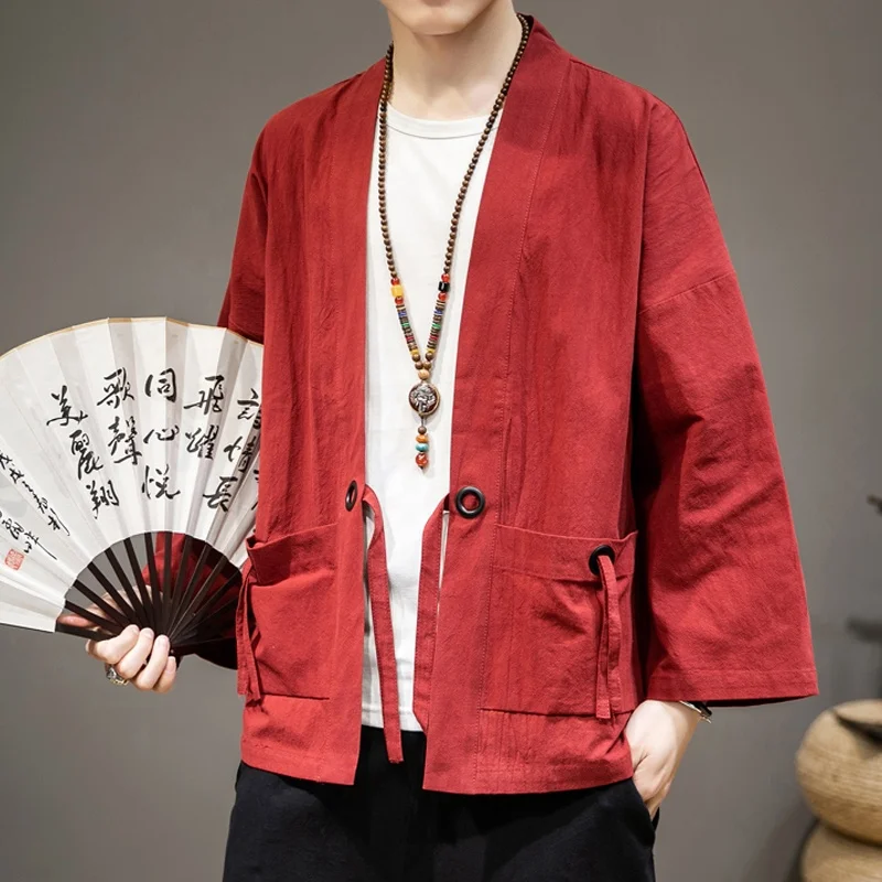 Оптовая продажа, новинка 2021, крутая модная красная Мужская куртка-кимоно в японском стиле на весну и осень
