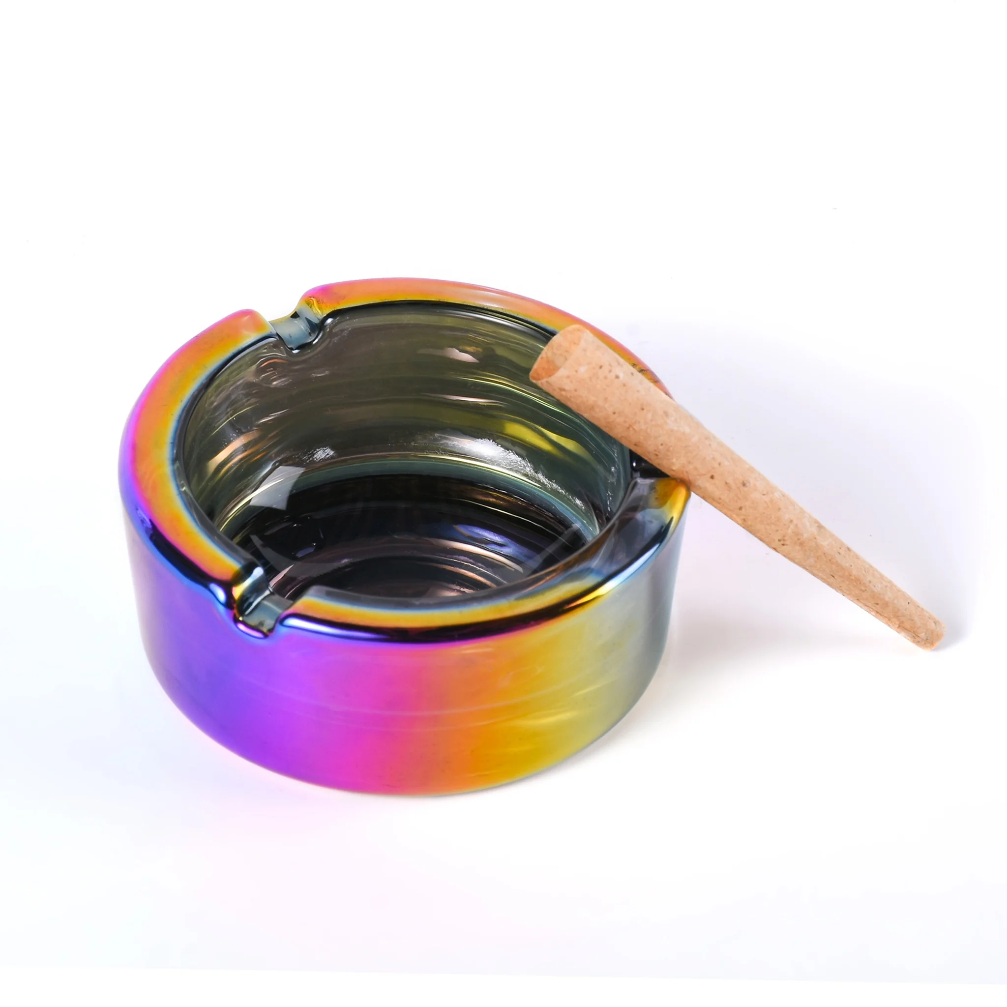 WOWO TECH Wholesale Fashion Design Round Pocket Glass Cigar Ashtray Electroplated Rainbow 85mm Custom LOGO Glass Ashtray