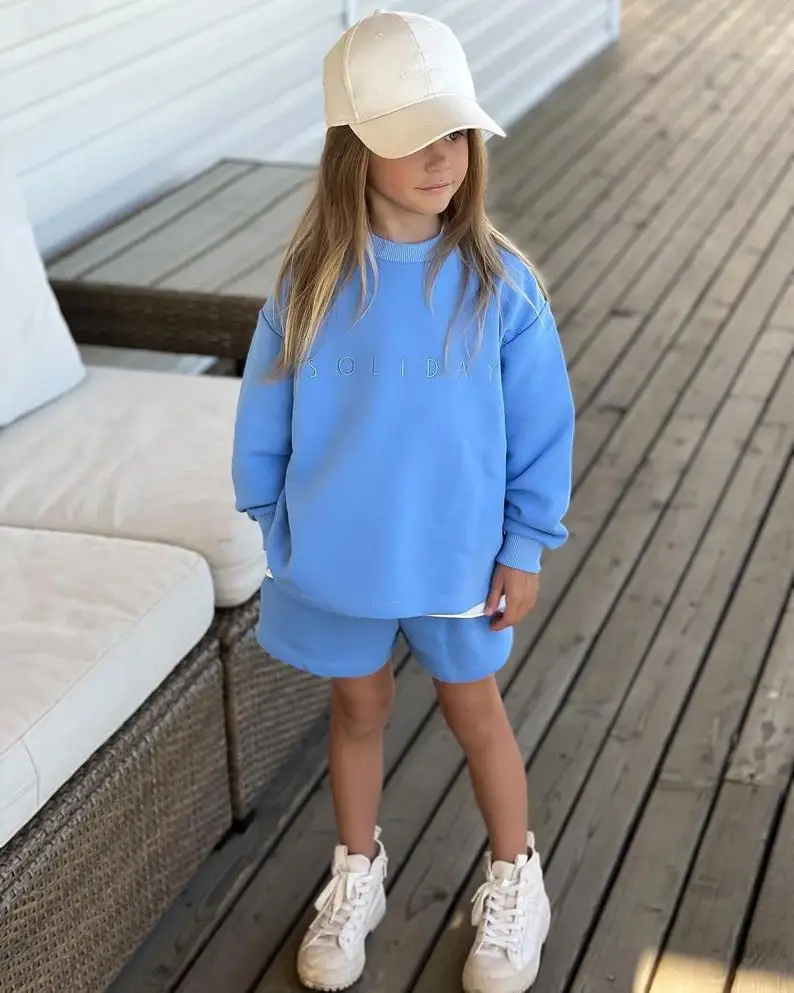 wholesale fashion summer outfits with shorts tracksuit set cotton kids two piece sweatshirts and shorts for children