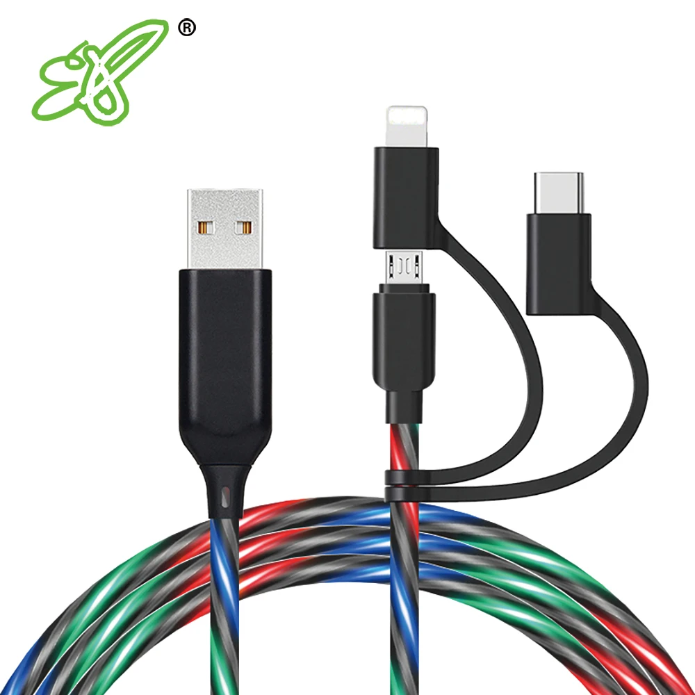 3 in 1 Multi Connectors Fast Charging Cord Visible LED Current Flowing Charger Cable Compatible with Cell Phones and Other