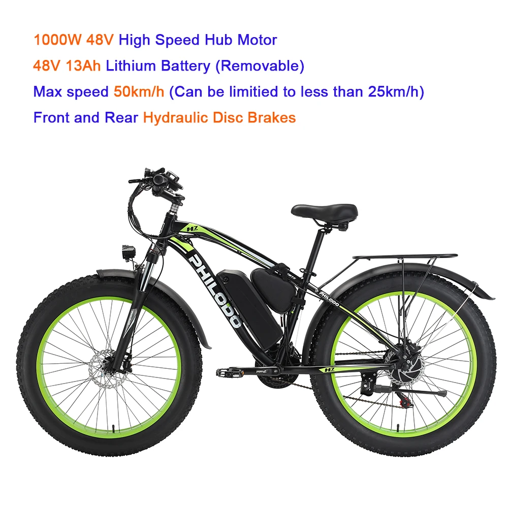 EU Warehouse 1000W 48V 13Ah electric bike PHILODO hydraulic brake bicycle 26inch fat tire mountain bikes