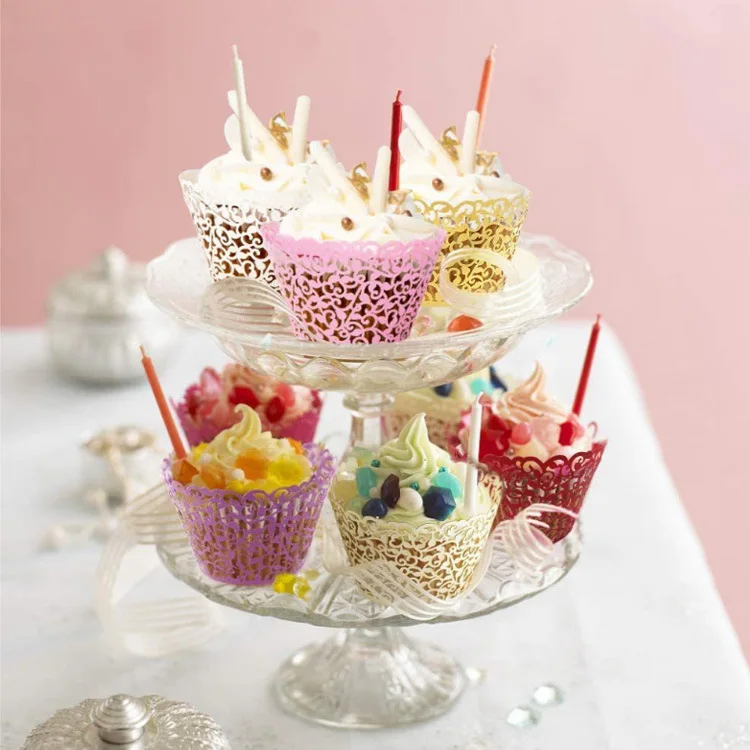 Custom Multicolor Paper Baking Cup Cake Molds Border Hollowed Out Vine Pattern Cake Cups