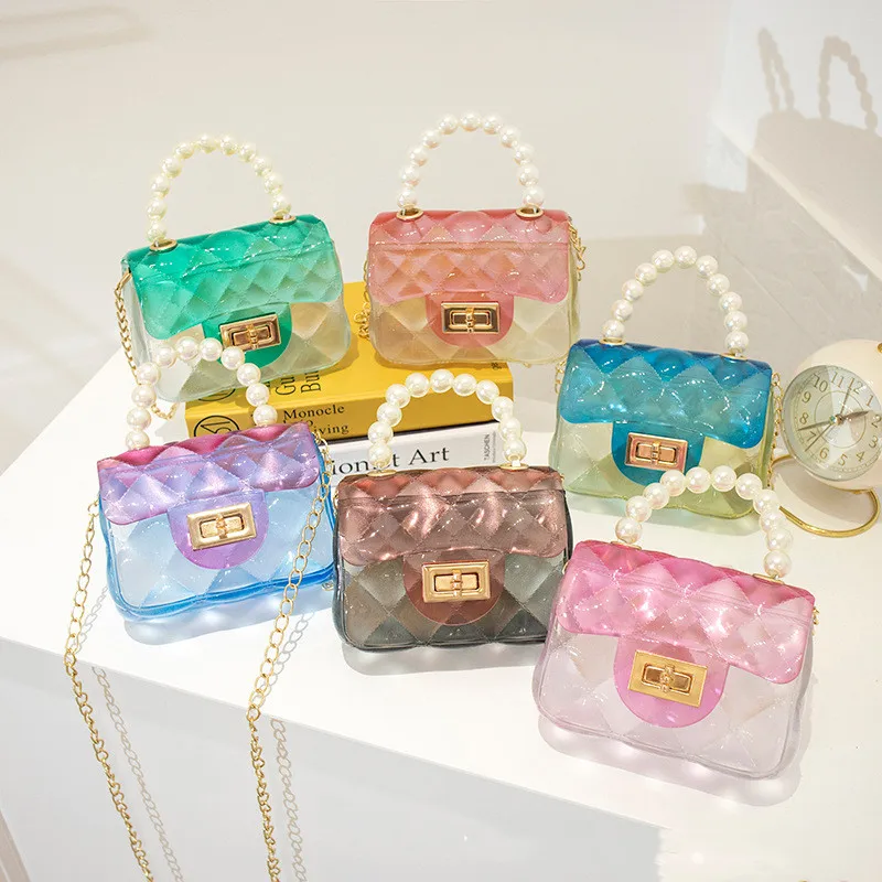 New Arrival Children Pearl Cross body Bag Small Mini Clear Jelly Bag Kids Mini Little Girls Purses Chain Bag