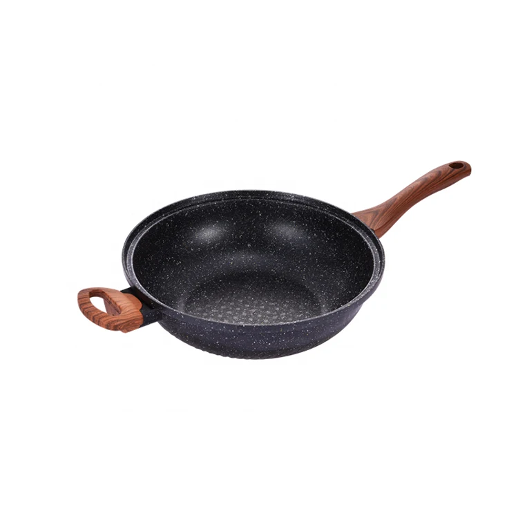 Vacuum Black Stone Wooden Handle 32cm Die Cast Cookware Pot Aluminium Wok