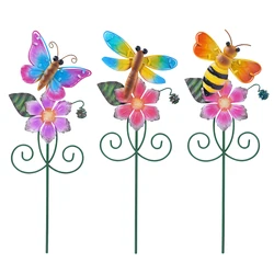 Topadorn Bee Butterfly and Dragonfly Set of 3 Garden Stakes Outdoor Plant Pick Waterproof Metal Flower Garden Stakes