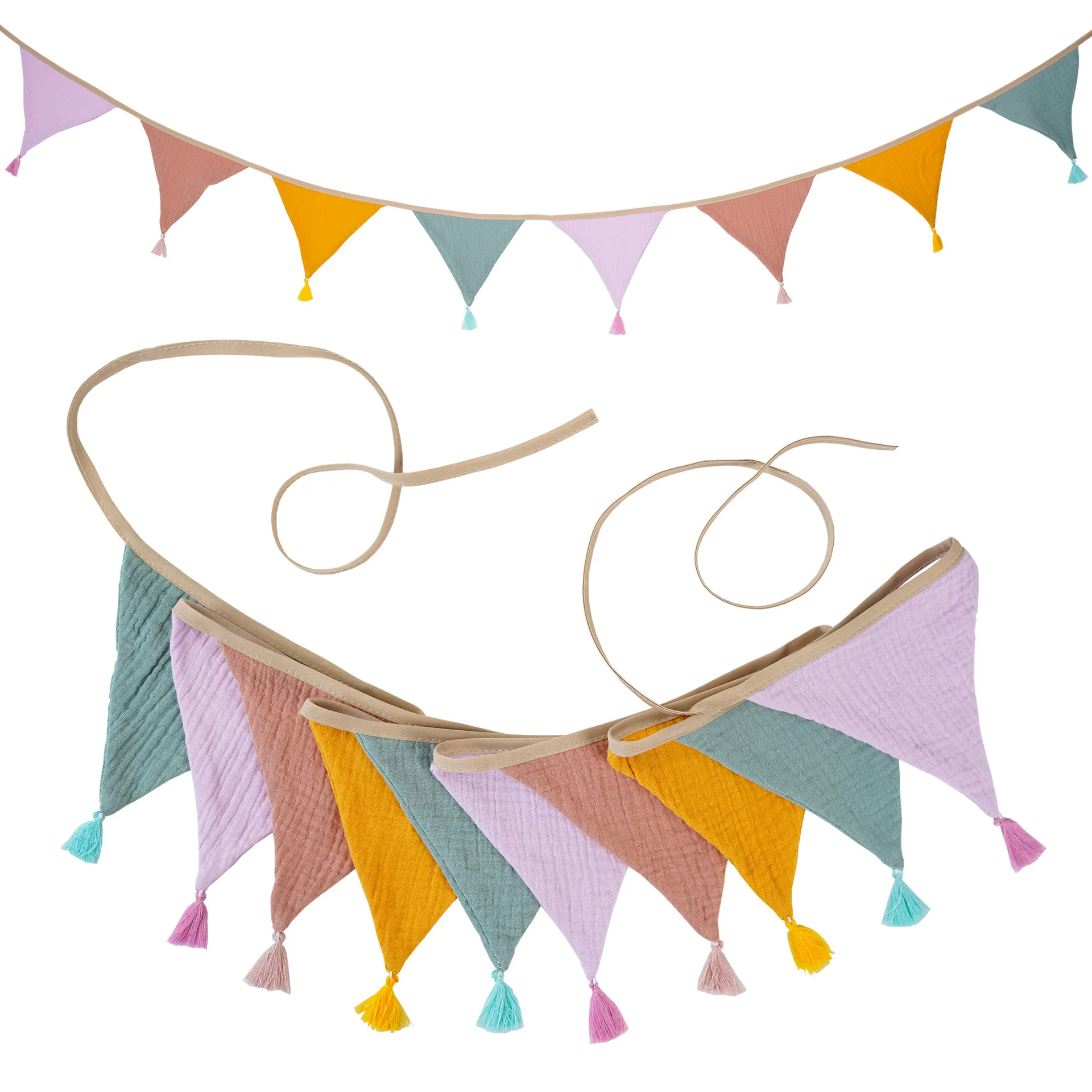 12 PCS  Fringed Burlap Banner Burlap Triangle Pennant Flag  Cotton Muslin Gauze Bunting Garland Streamers for Baby Shower