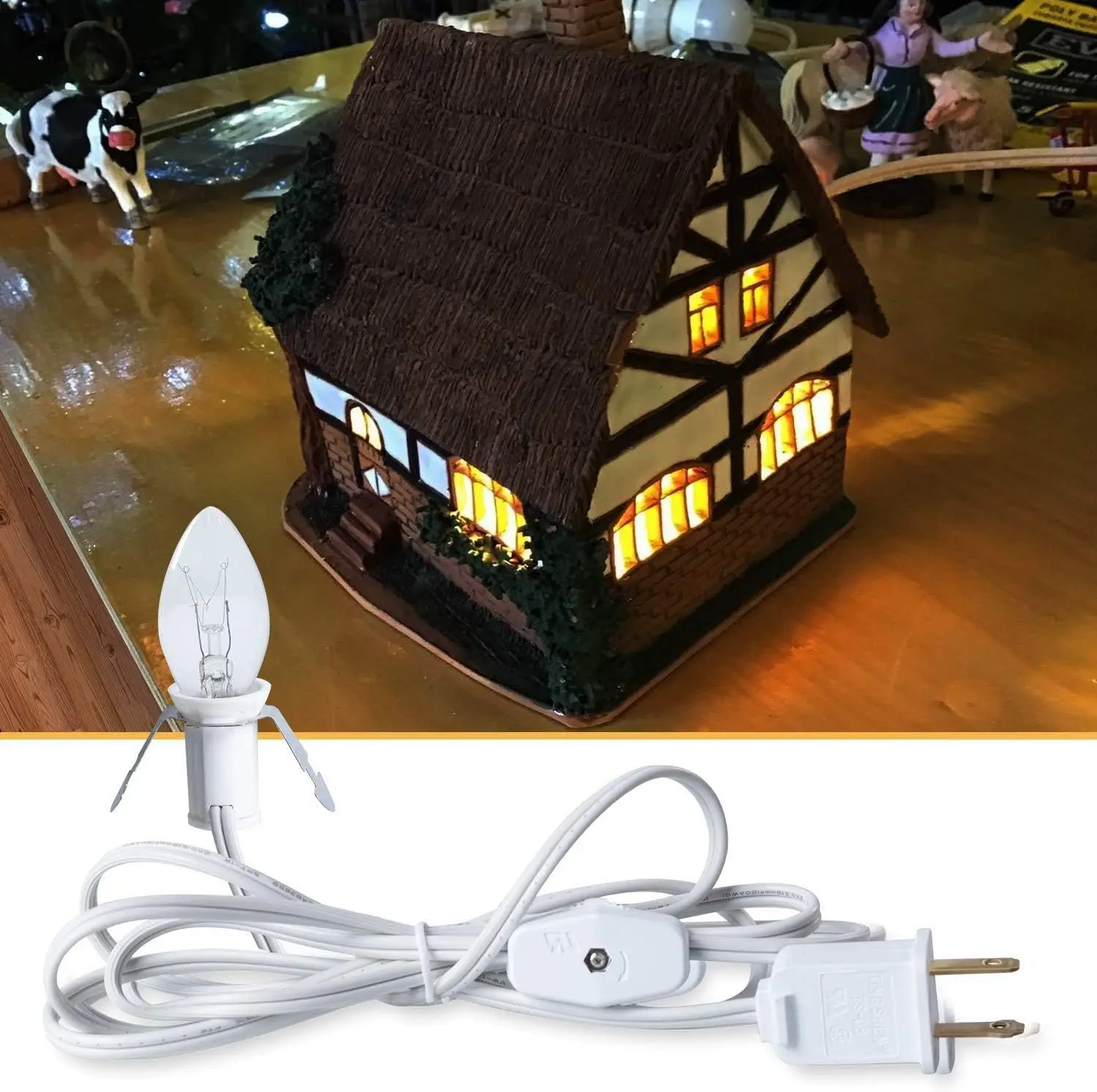 C 7 clip light cord for Christmas village house,C 7 Clip-in Lamp for Christmas Halloween Craft House Village Salt Lamp Decor