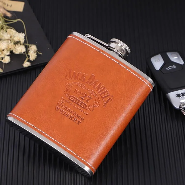 7oz Reusable Stainless Steel jagermeister Leather Liquor Whisky  Hip Flask
