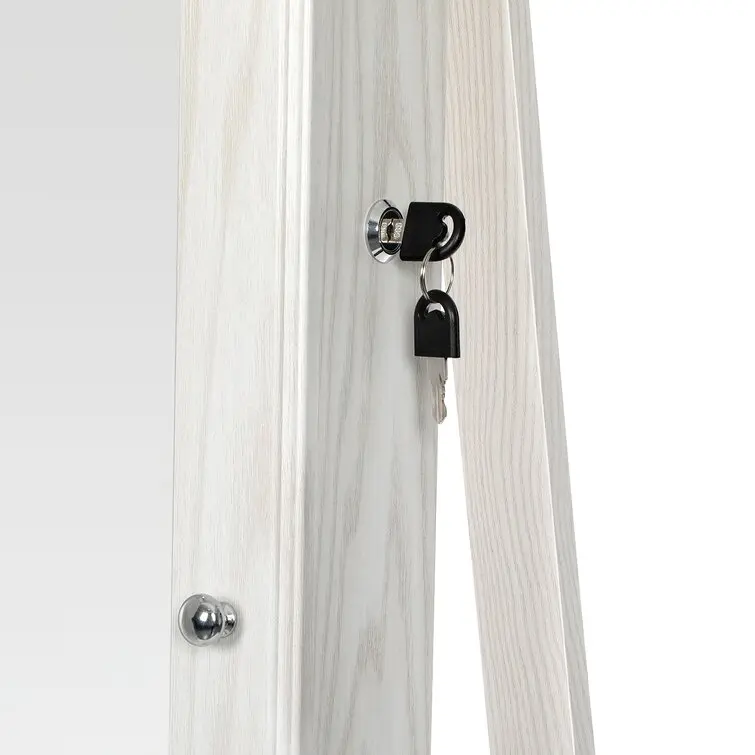 White Floor Rotating Organizer Wooden Standing Mirror Large Wood Jewelry Cabinet
