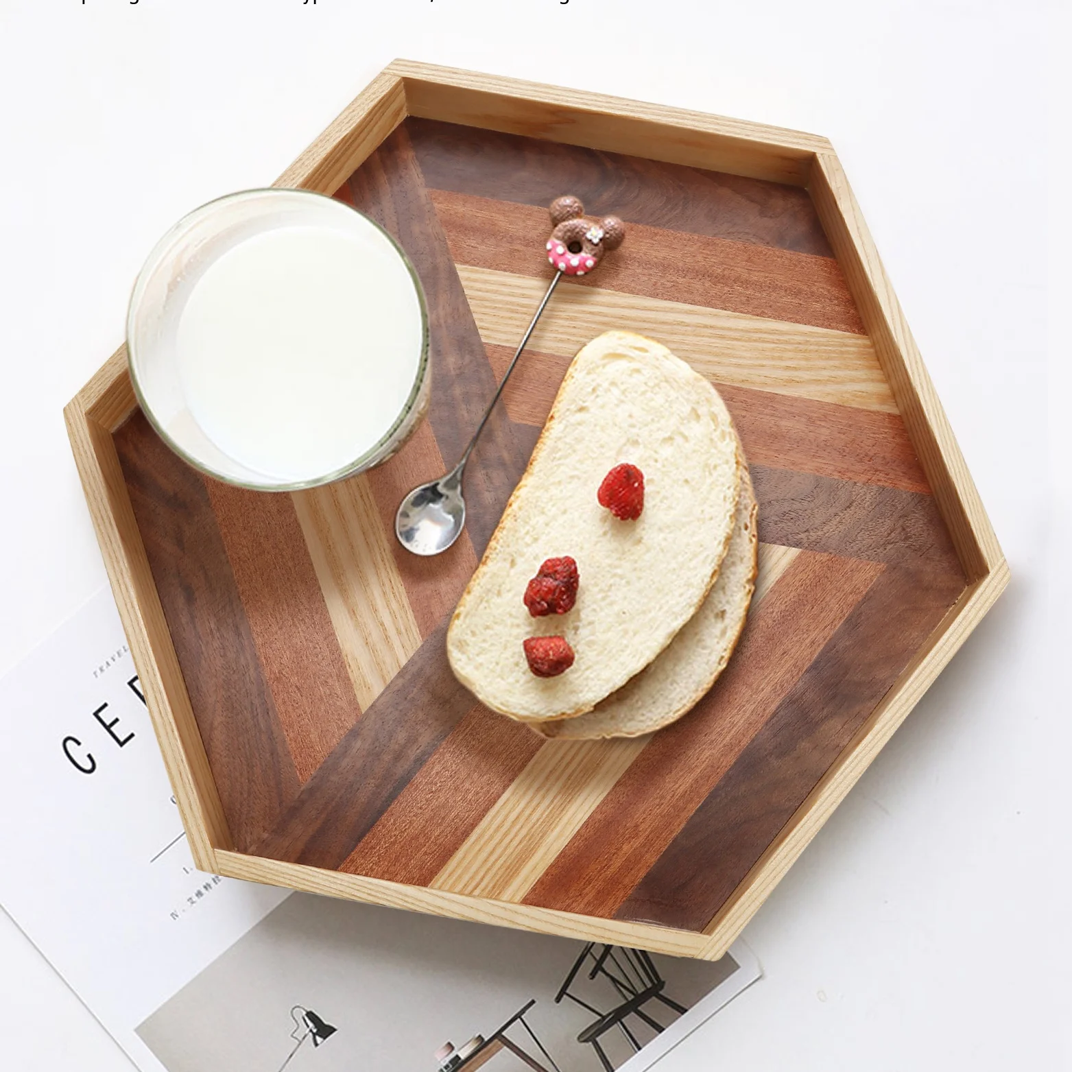Walnut Wood Hexagon Serving Tray Splicing Wooden Breakfast Tray Serving Dinner Coffee Tray at Home