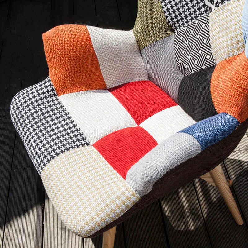 Nordic comfortable fabric sofa chair lounge chair for living room bedroom with foot rest patchwork chair