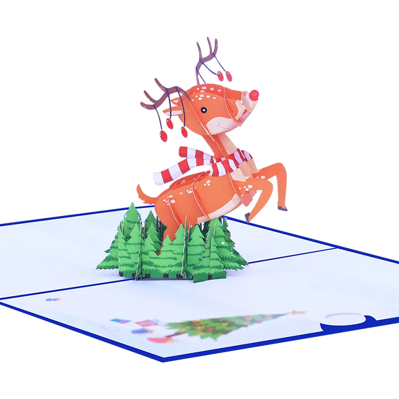 Wholesale Promotional Santa Claus Milu Deer Gift Set 3D Handmade Christmas Cards Pop Up  Greeting  with Envelopes