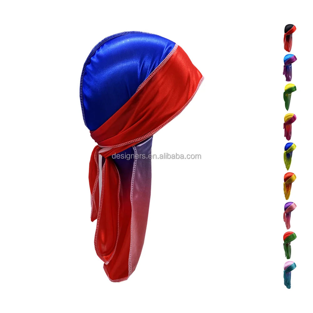 Custom logo Gradient durag Silky Polyester satin Shinning 360 waves breathability doo rag silk durag for men