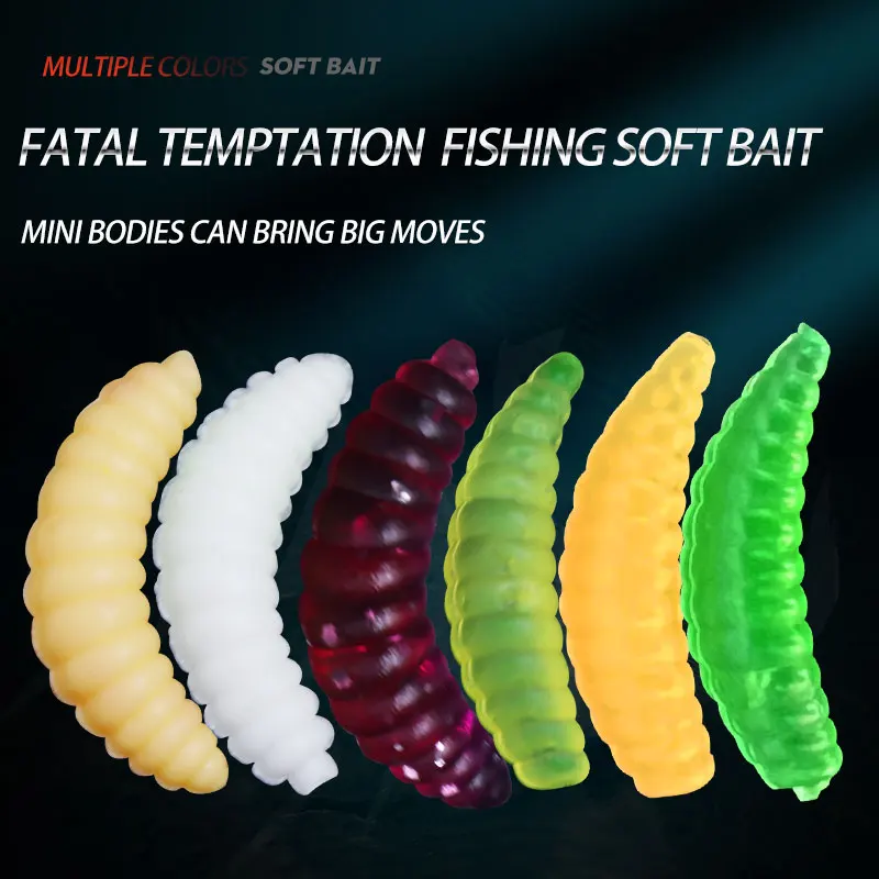 50PCS 2cm 0.3g maggot Grub Soft Fishing Lure hooks smell Worms Glow Shrimps Fish Lures