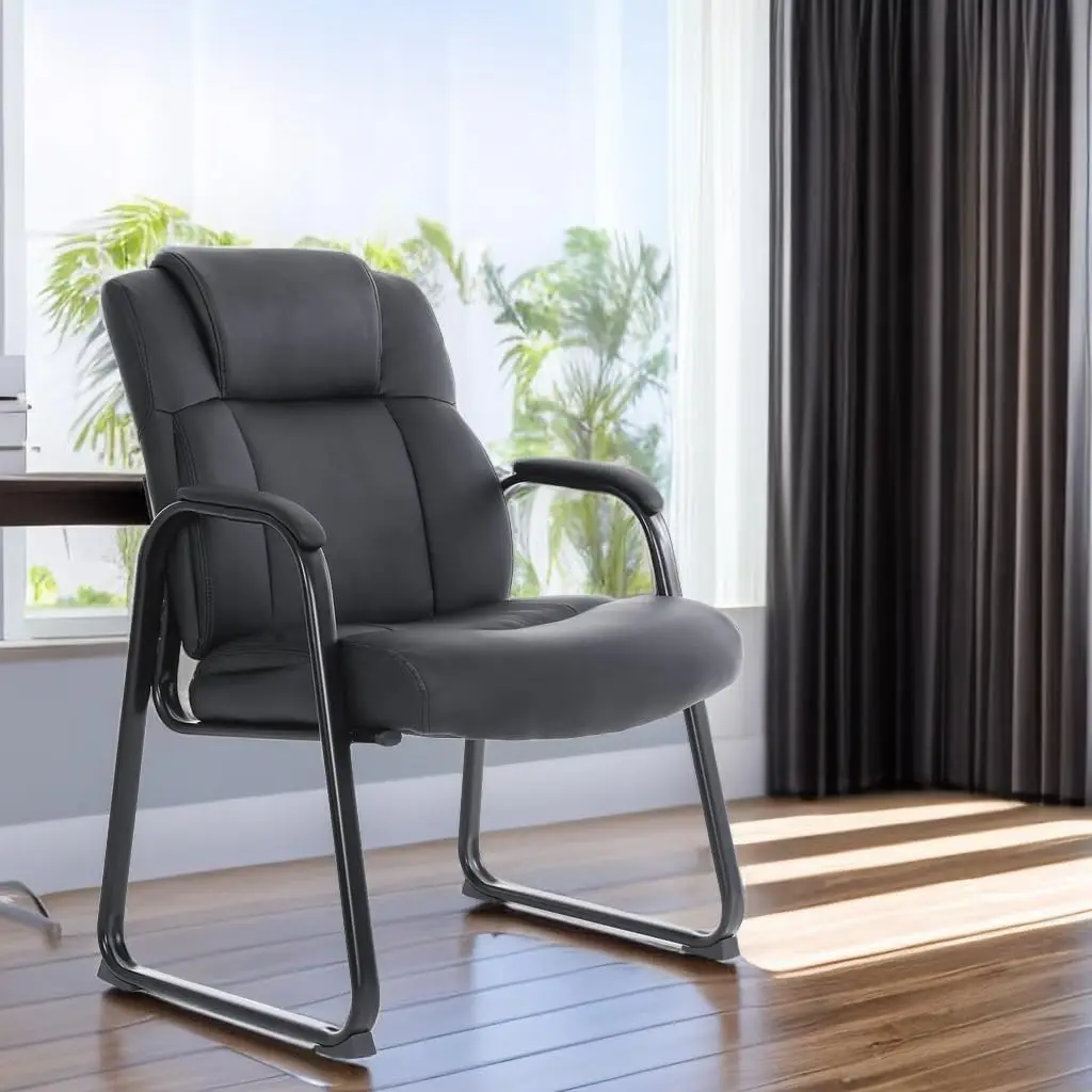 Office Chair 400lbs Leather Reception Chair with Bonded Padded Armrest Wide Seat Sled Base Office Chair-Black