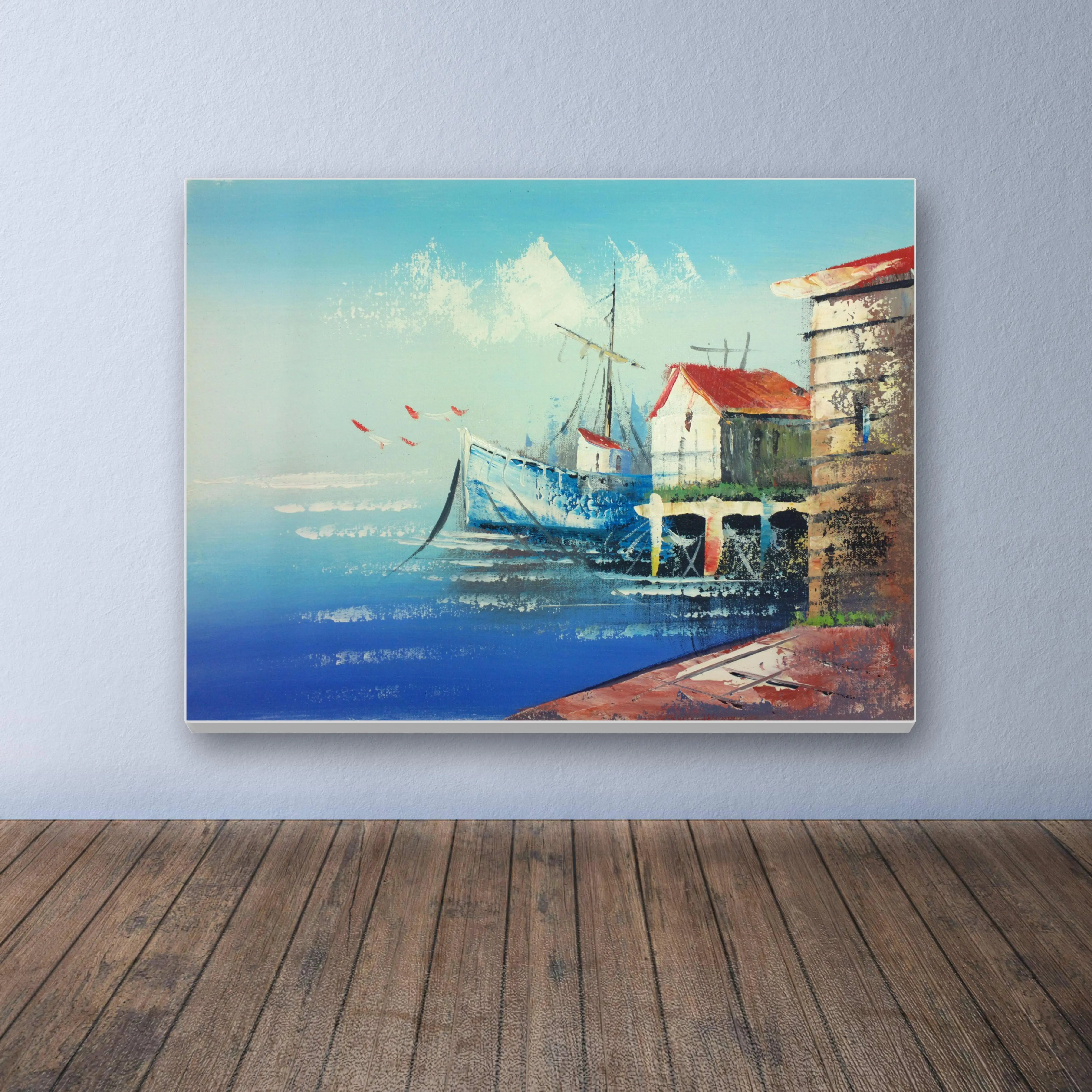 Hand drawn modern style seaside landscape painting ultra low price pure canvas Handmade painting