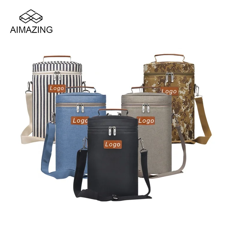 Custom Logo Insulated Portable Wine Tote Carrier For Beach 2 Bottle Reusable Wine Cooler Bag
