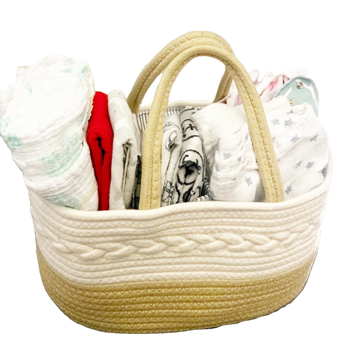 Baby Diaper Caddy Organizer, Rope Woven Nursery Storage Basket with Adjustable Divider, Portable Car Travel Diapers Organizer,