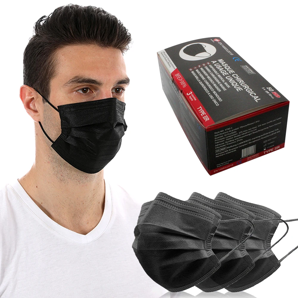 Black Disposable Type IIR Medical Face Masks 10-50 Pcs Thickened black white masks Type IIR Disposable Face Masks