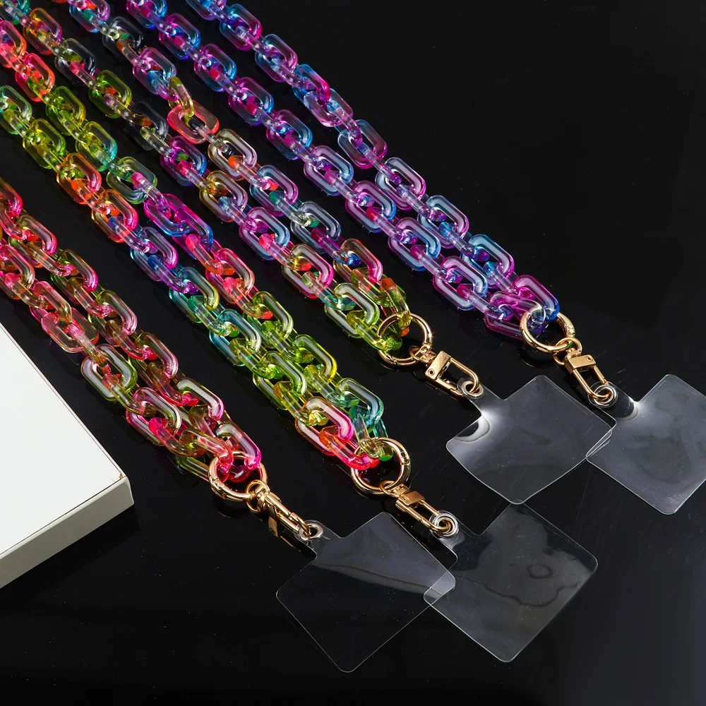 Wholesale new rainbow transparent mixed color fluorescent cute chain hanging neck long necklace 80cm acrylic Cell phone chain