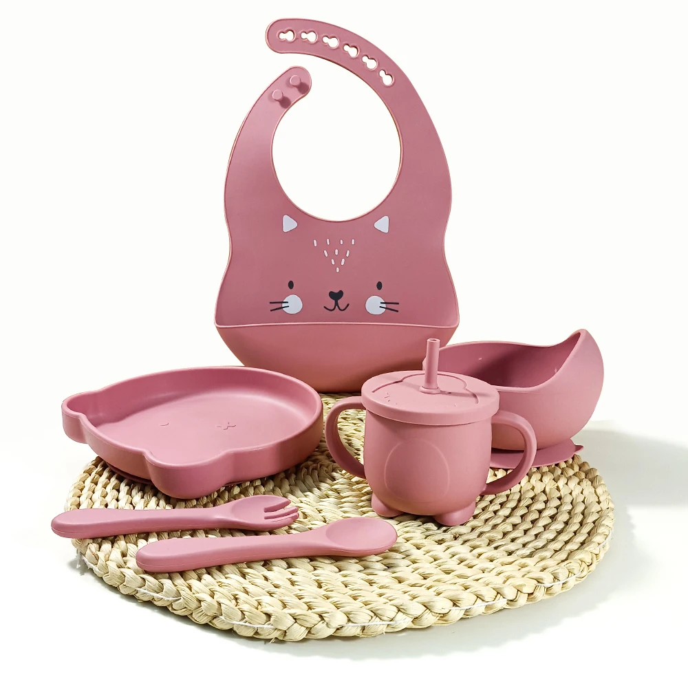 SET7111ASF Kids Dining Set Infant Tableware Weaning Kit Food Grade Baby Bowl Printed Bibs Suction Plate Spoon And Fork