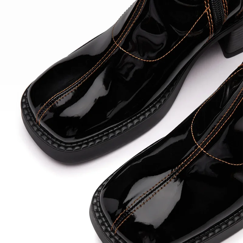 Custom Shiny Midi Boots Manufacturer Patchwork Design Rubber Sole Patent Leather Boot Custom Patent Leather Midi Boots For Girls