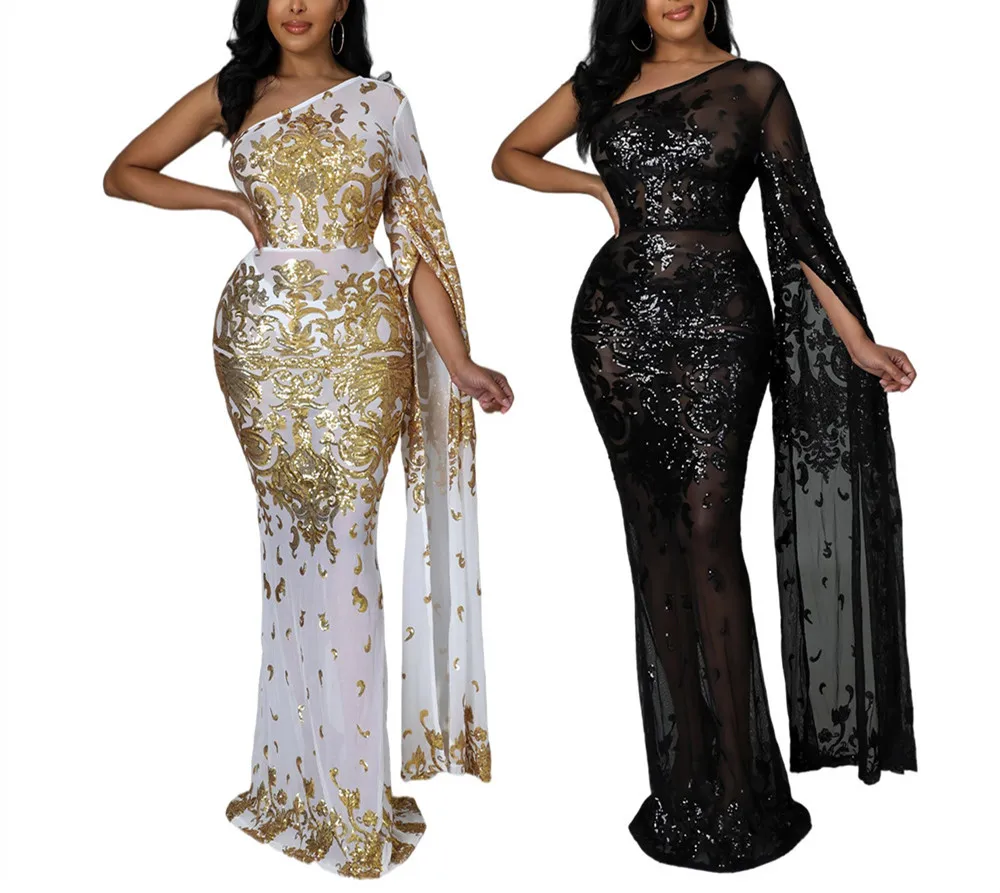 2022 Luxury Design Ladies Nightclub Party Dress Sequined One Shoulder Ball Gown Maxi Sexy Evening Indian Style Dresses for Women