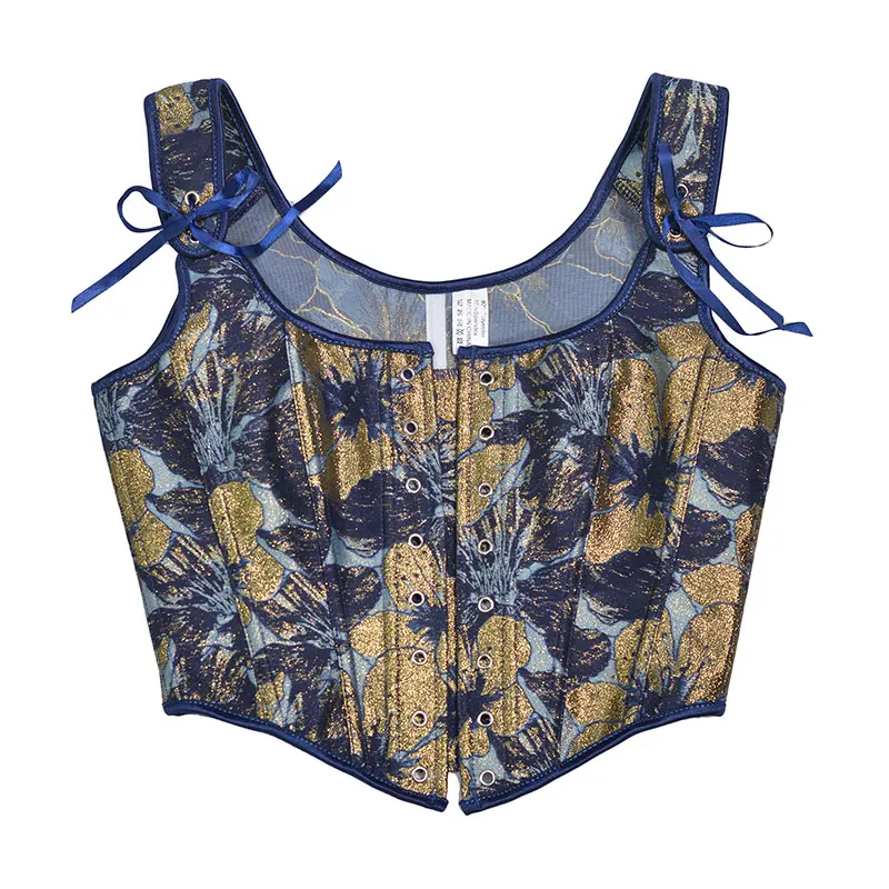 Blue Gold Flower Bustier Half Breast Fishbone Corset Front Strap U Collar Leaf Print Vest Woman Vintage Chest Wrap Court Corset