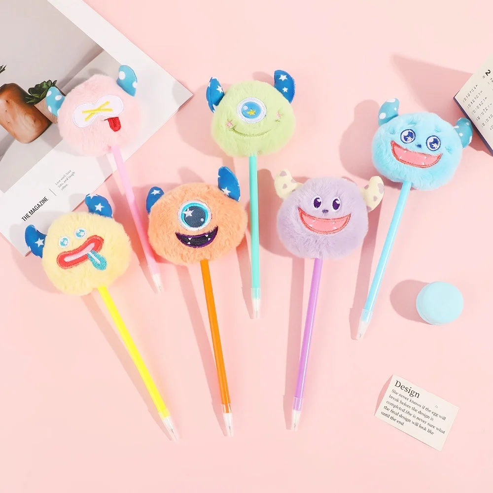 Halloween Gift Funny Plush Monster Pen Set Plastic Ballpoint Pen Thin Decompression Plush Texture Cute Ball Pen For Students