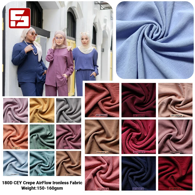 CEY ironless 100% polyester fabric woven cey crepe fabric materials for dress making