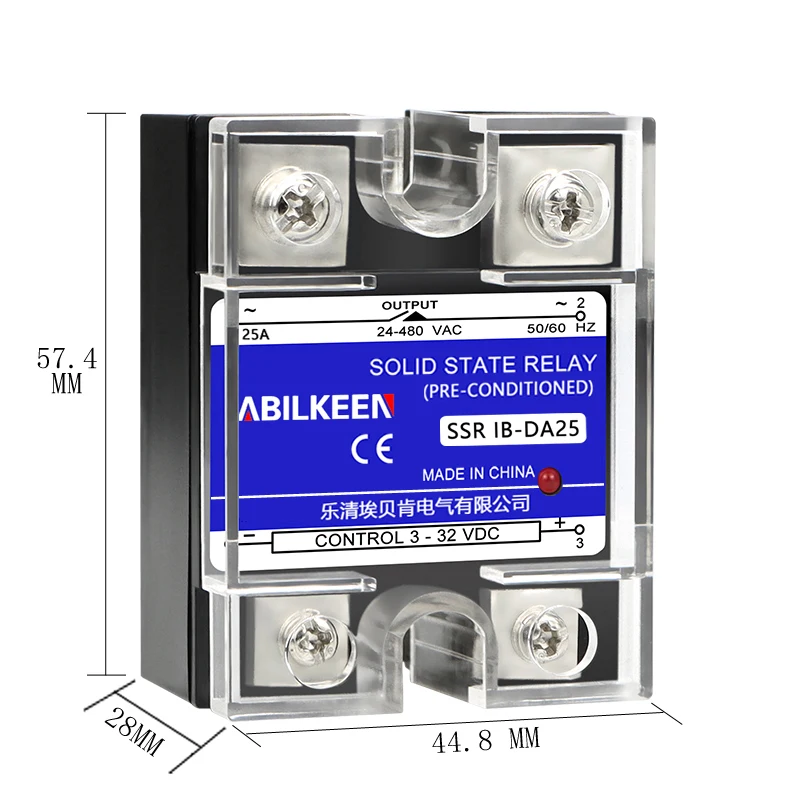 ABILKEEN DC3-32V Control AC 24-480V Solid State Relay Single Phase DC-AC Solid State Relay 25A Load Current SSR
