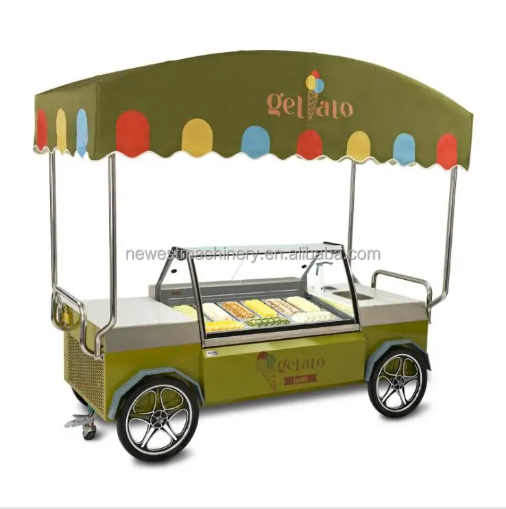 Gelato Italian Ice Cream Mobile Push Carts,Popsicle Showcase Freezer Vending Push Cart for Outdoor