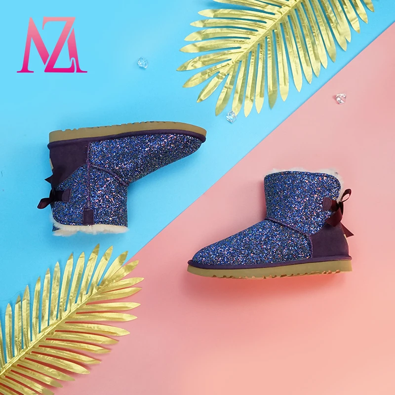 
stylish bling furry winter warm waterproof fox sheepskin fur cover female snow boots for ladies womens and children baby kids 