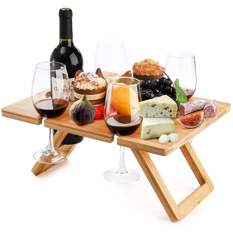 New Outdoor Large Folding Bamboo Snack Cheese Tray Portable Wine Picnic Table