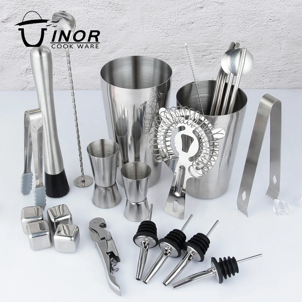 2022 New Arrivals Bar Tools Cocktail Shaker Set 23-Piece Stainless Steel Bartender Kit with Acrylic Stand 4 Whiskey Stones
