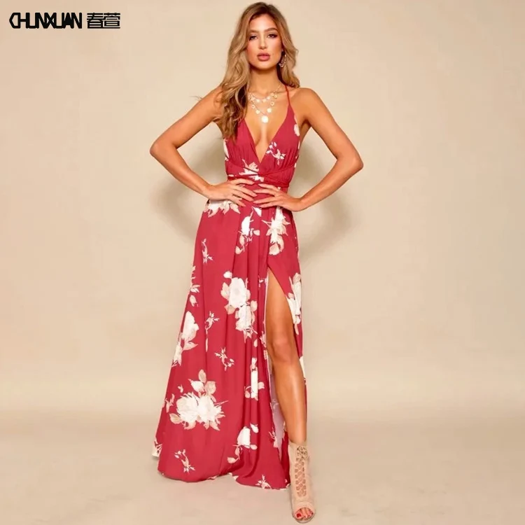 Sexy Women Deep V-neck Maxi Boho Dress Summer Print Backless Beach Evening Party Chiffon Bohemian Dress