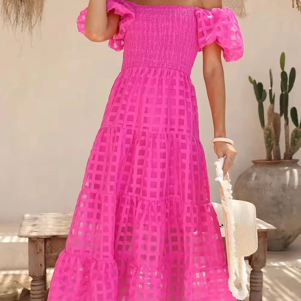 Women Off Shoulder Puffy Short Sleeve Square Neck Tiered Ruffle Midi Dress