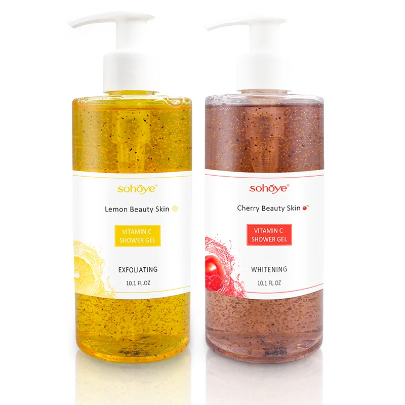 Factory price smooth birghten skin exfoliating scrub spa bath fruit whitening cowry pretty shower gel