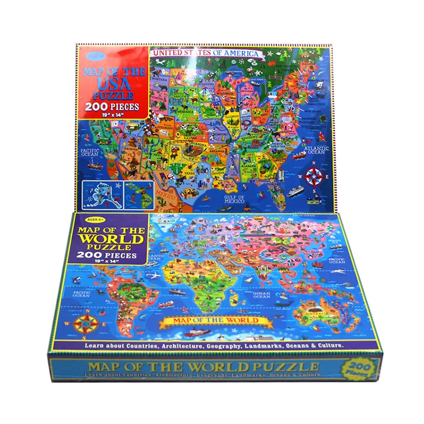 wholesale Custom Educational Kid World and USA Map 200 Pieces Paper Jigsaw Puzzle