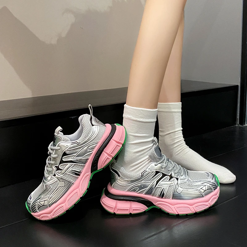 Women Spring Fashion Sneakers 2024 Breathable Casual Shoes Buckle 8CM Wedge Heels Chunky Sneakers High Platform Chaussures Femme